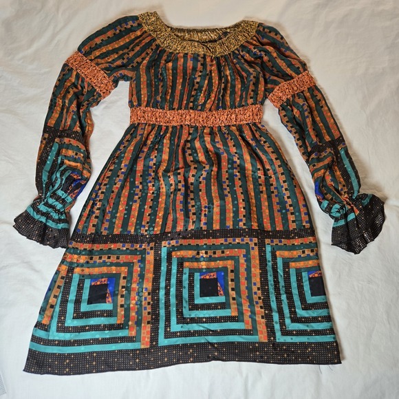 Anna Sui 2008 Silk Dress Long Sleeve Elasticized‎ Smocking  Flare Size 2 XS - Picture 3 of 8